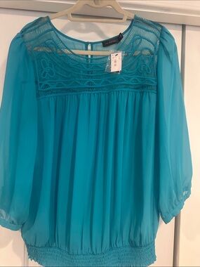 The Limited Teal Lace-Yoke Chiffon Blouse